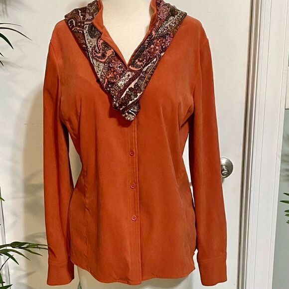 Harve Benard by Benard Holtzman Blouse Medium Burnt Orange Tailored Button Front - Picture 4 of 12